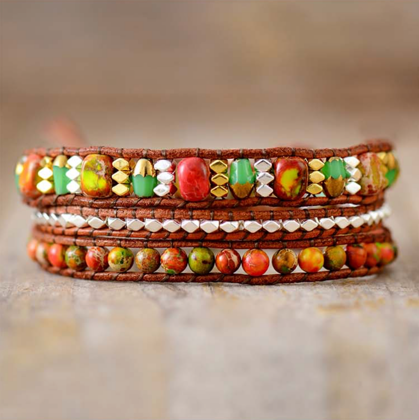 Orange Howlite & Leather Beaded Stacked Bracelet