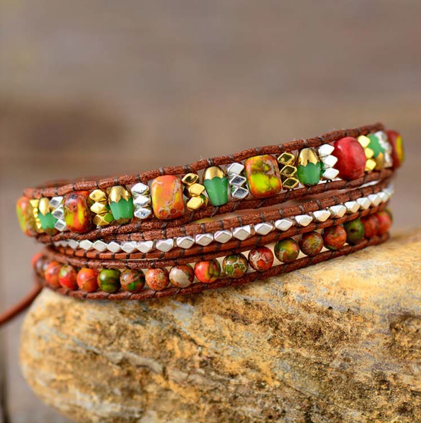 Orange Howlite & Leather Beaded Stacked Bracelet