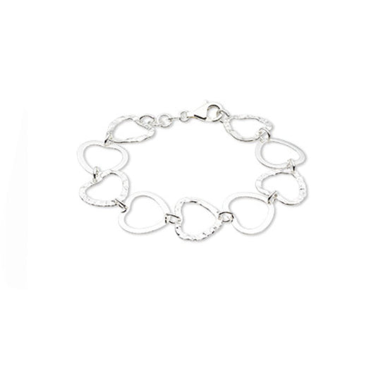 sterling silver open-heart link bracelet with alternating textured and polished hearts and a secure lobster clasp, romantic statement jewellery