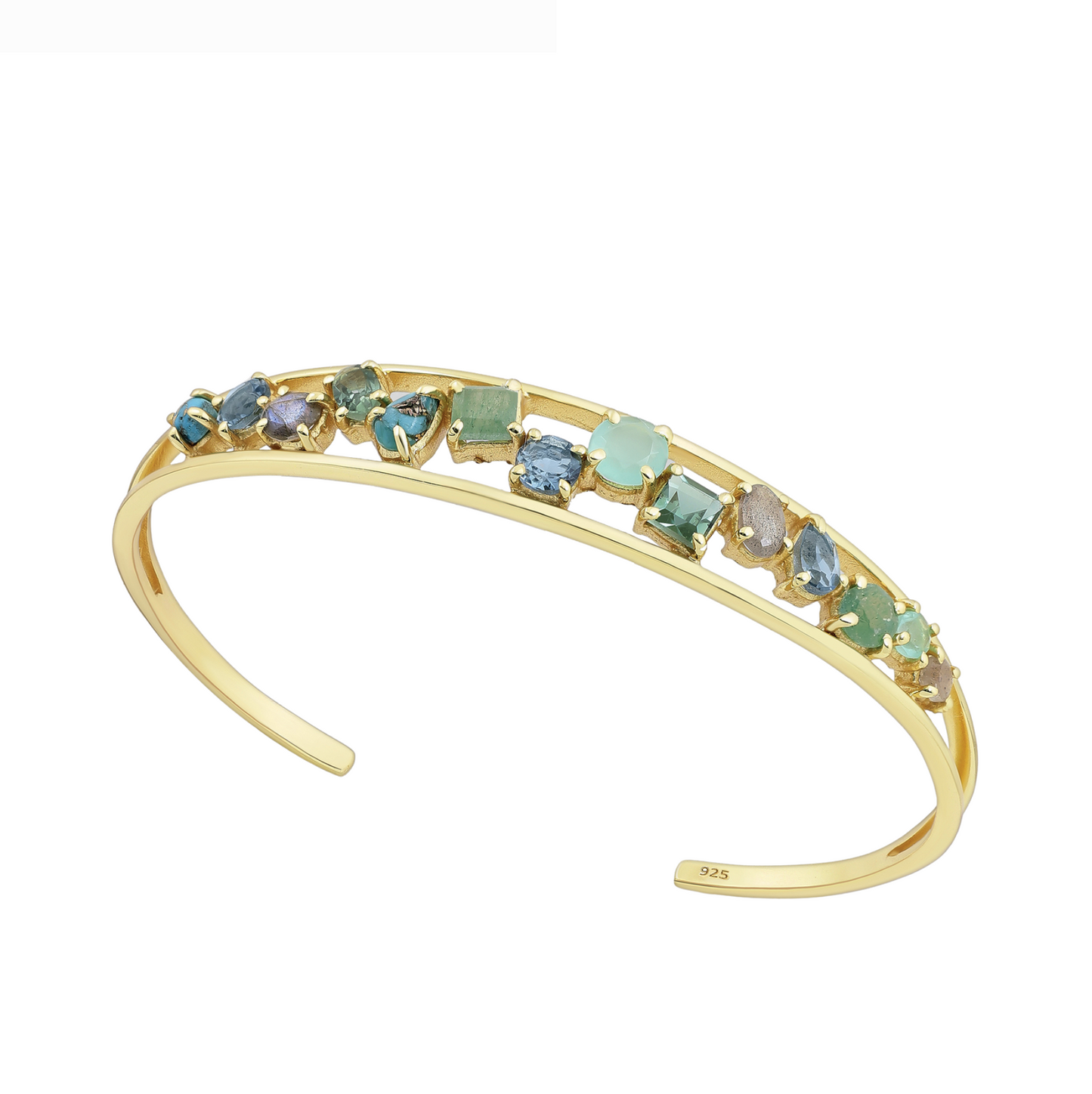 Exquisite 18K Gold Plated Sterling Silver Cuff Bracelet with a Vibrant arrangement of Gemstones