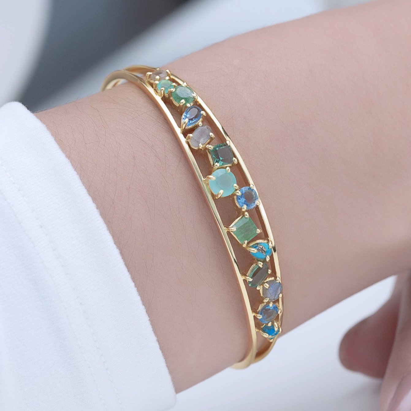 Exquisite 18K Gold Plated Sterling Silver Cuff Bracelet with a Vibrant arrangement of Gemstones