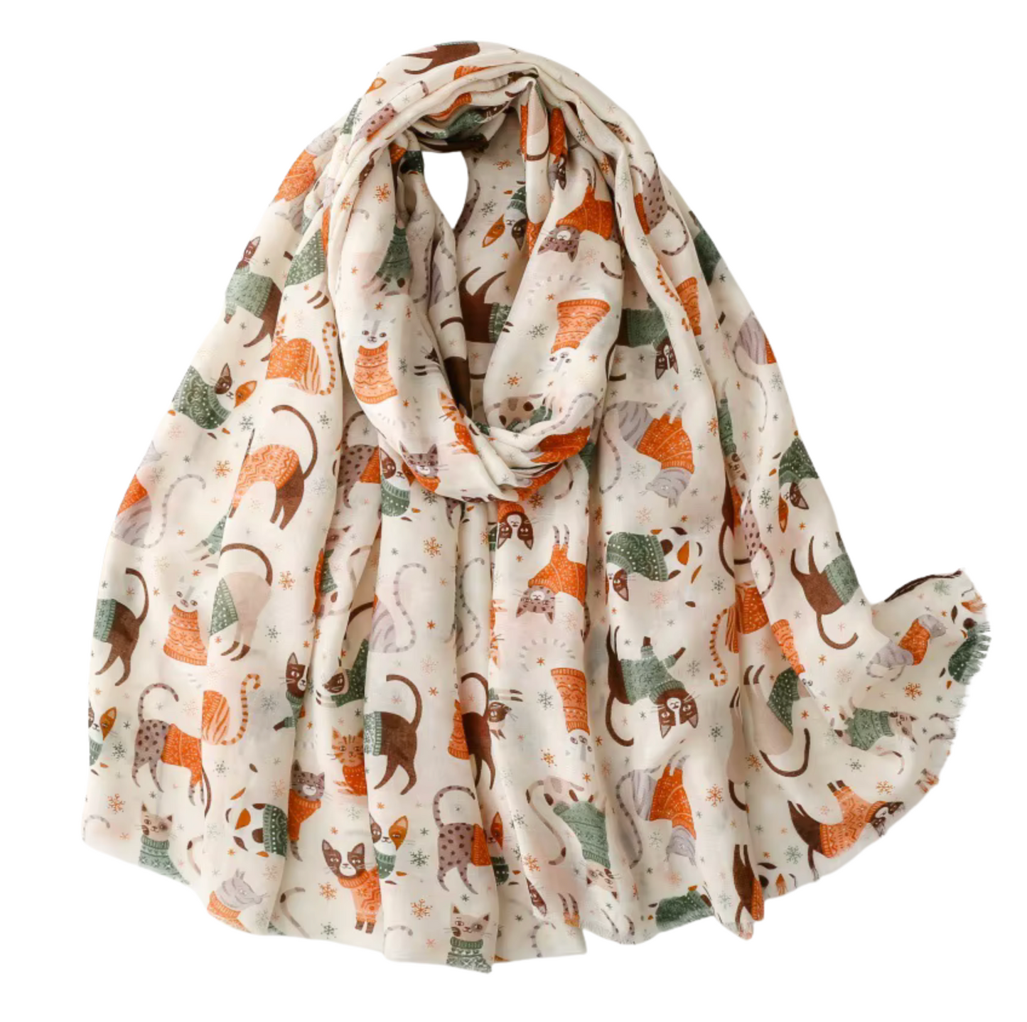 Playful Cat Print Scarf in Soft Cream