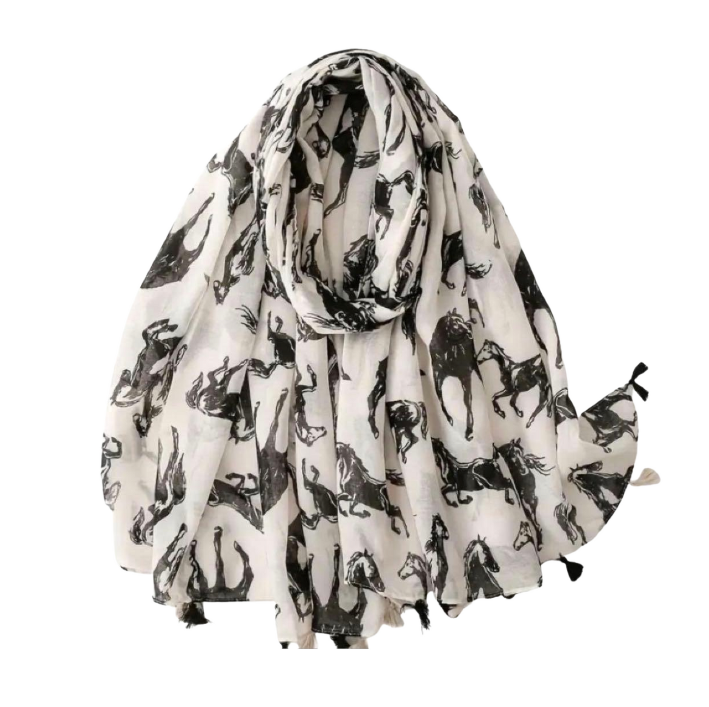Monochrome Horse Print Scarf with Tassel Edges