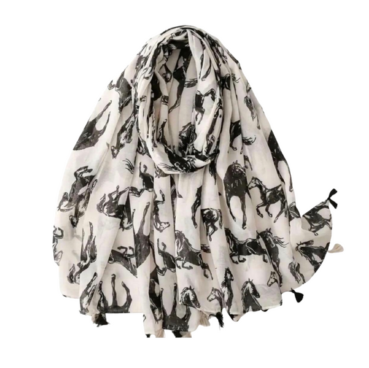 Monochrome Horse Print Scarf with Tassel Edges