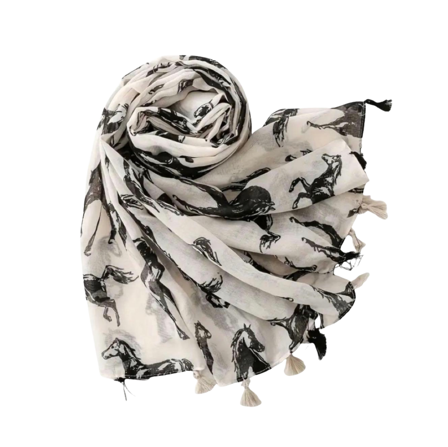 Monochrome Horse Print Scarf with Tassel Edges