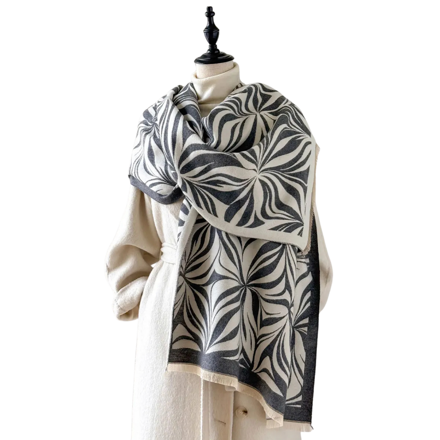 Grey and Cream Abstract Leaf Print Scarf