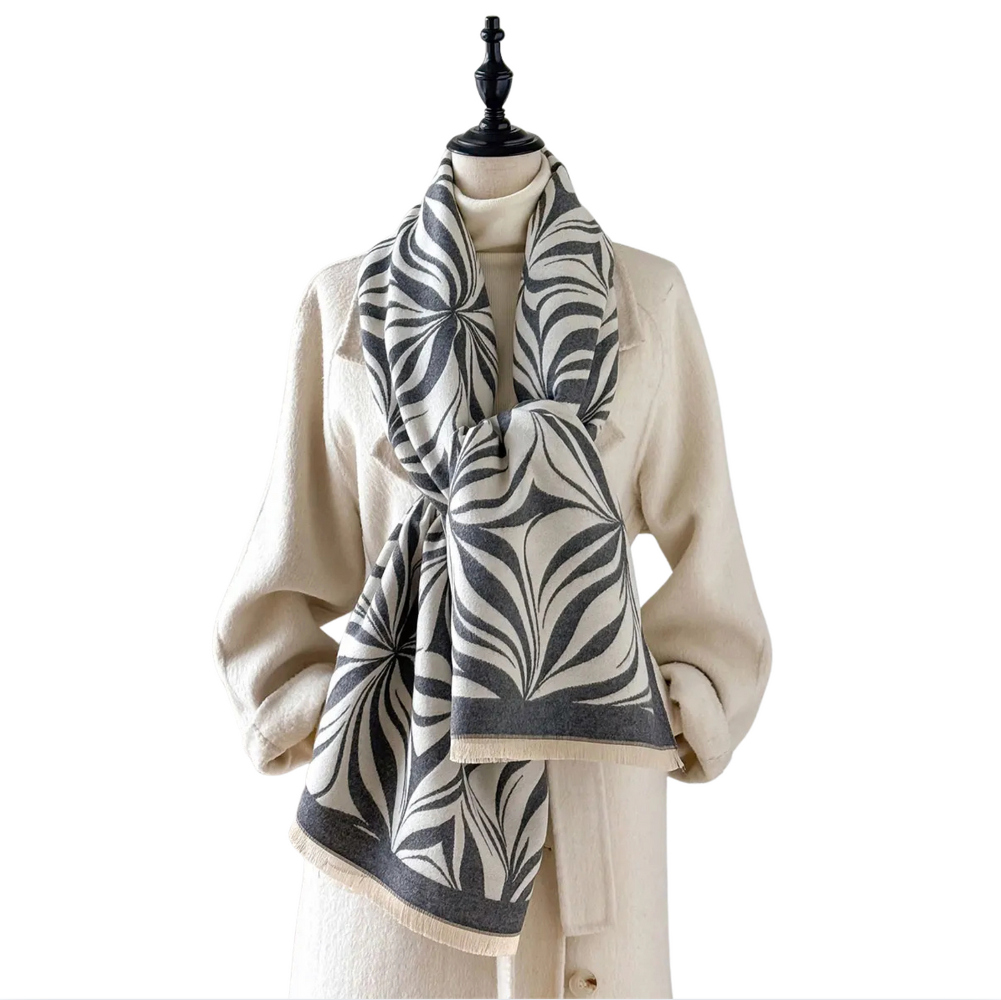 Grey and Cream Abstract Leaf Print Scarf
