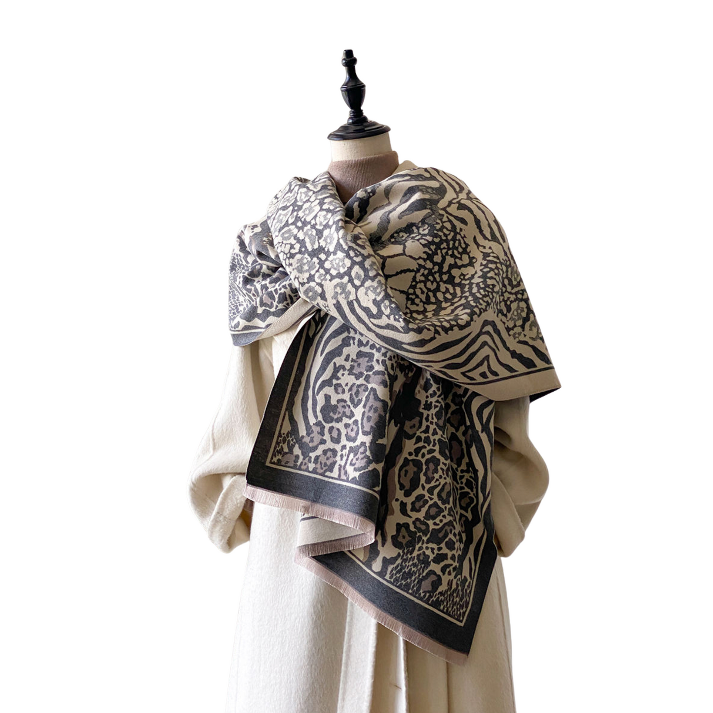 Neutral Animal Print Scarf in Black and Taupe