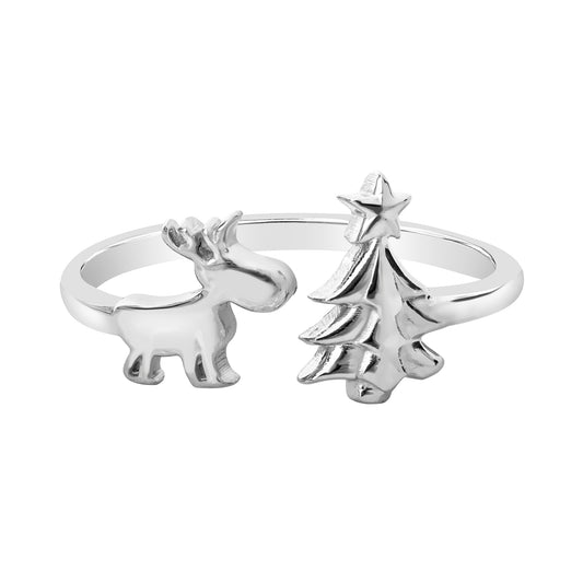 Sterling Silver Reindeer Christmas Tree Adjustable Ring