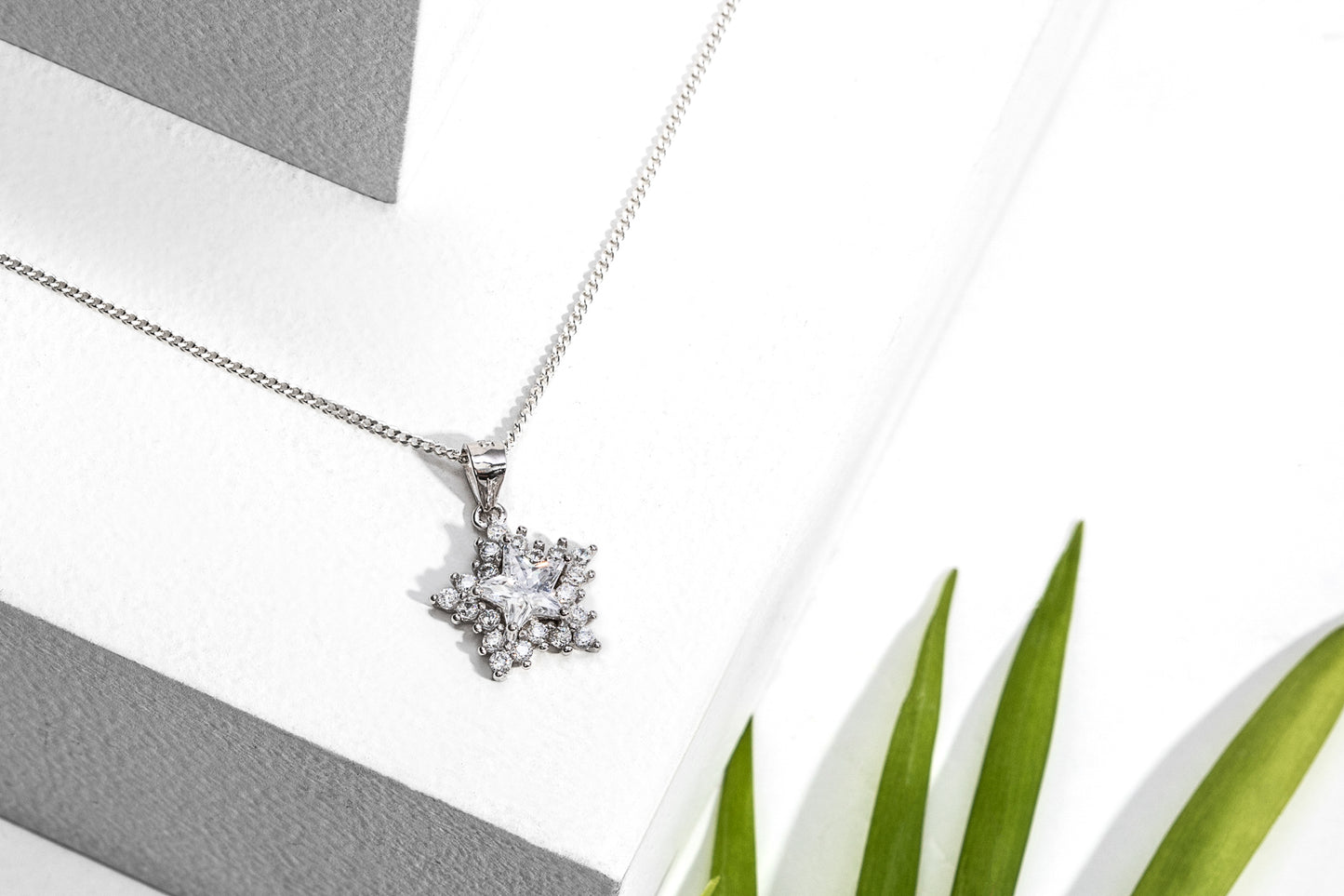 Cubic Zirconia & Sterling Silver Double Star Pendant Necklace