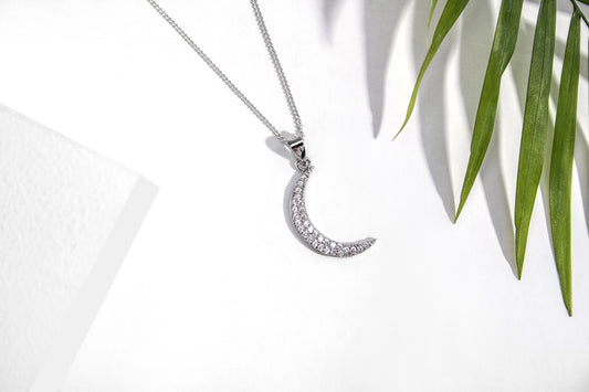 Cubic Zirconia & Sterling Silver Pavé Moon Pendant Necklace