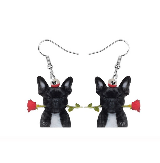 Black Dog With Red Rose Drop Earrings