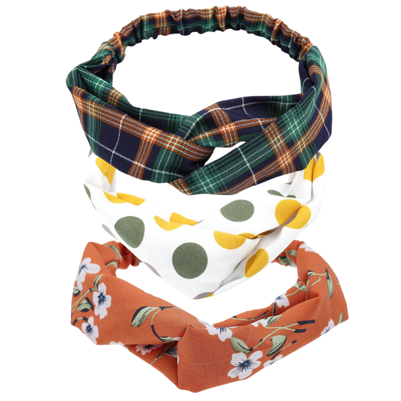 Set of 3 - Navy, Orange & Green Plaid Twisted Headband- Don't AsK