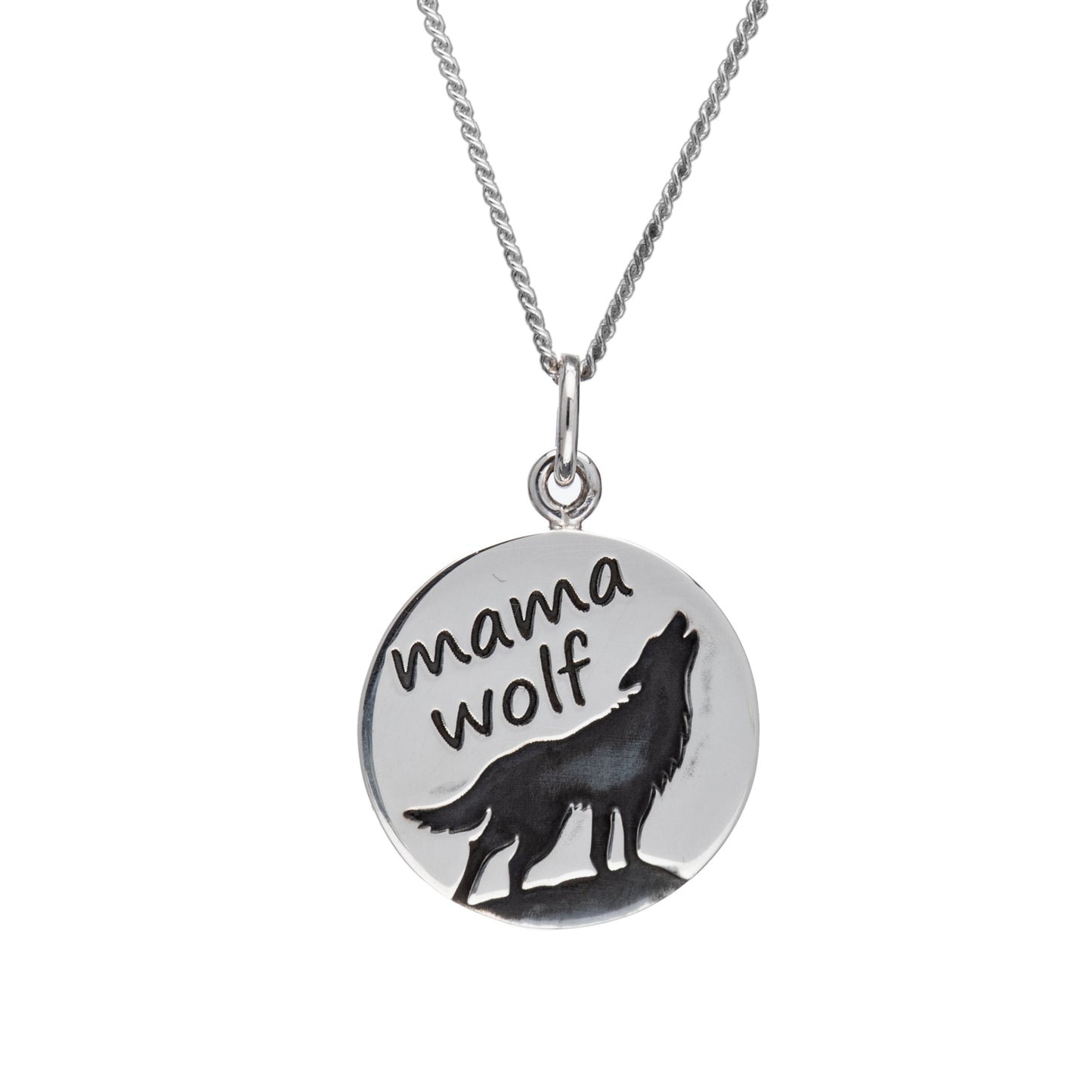 Sterling Silver Round 'mama wolf' Pendant Necklace