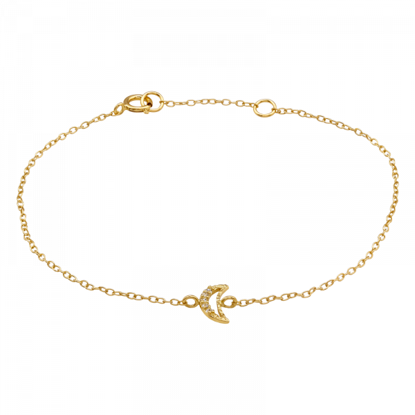 Gold-plated sterling silver crescent moon bracelet with five crystals on a fine adjustable chain, dainty celestial women’s jewellery.