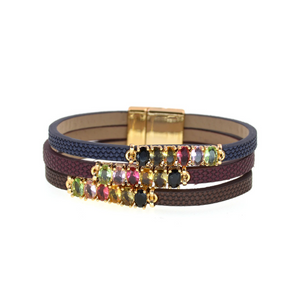 Navy, Red & Brown Layered Bracelet With Multi-coloured Crystals