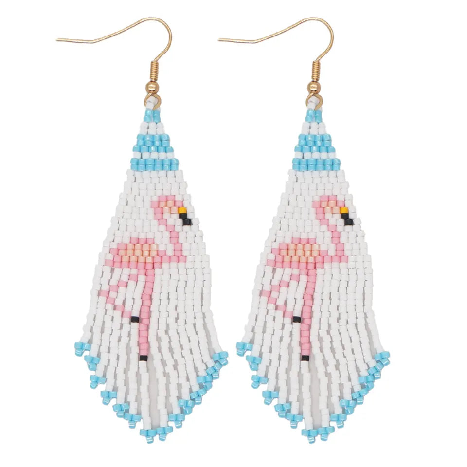 Seed Bead Flamingo Tassel Drop Earrings