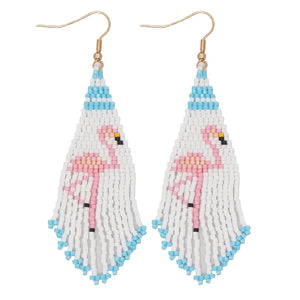 Seed Bead Flamingo Tassel Drop Earrings