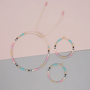 Pink & Turquoise Miyuki Seed Hoop Earrings & Adjustable Bead Bracelet Set
