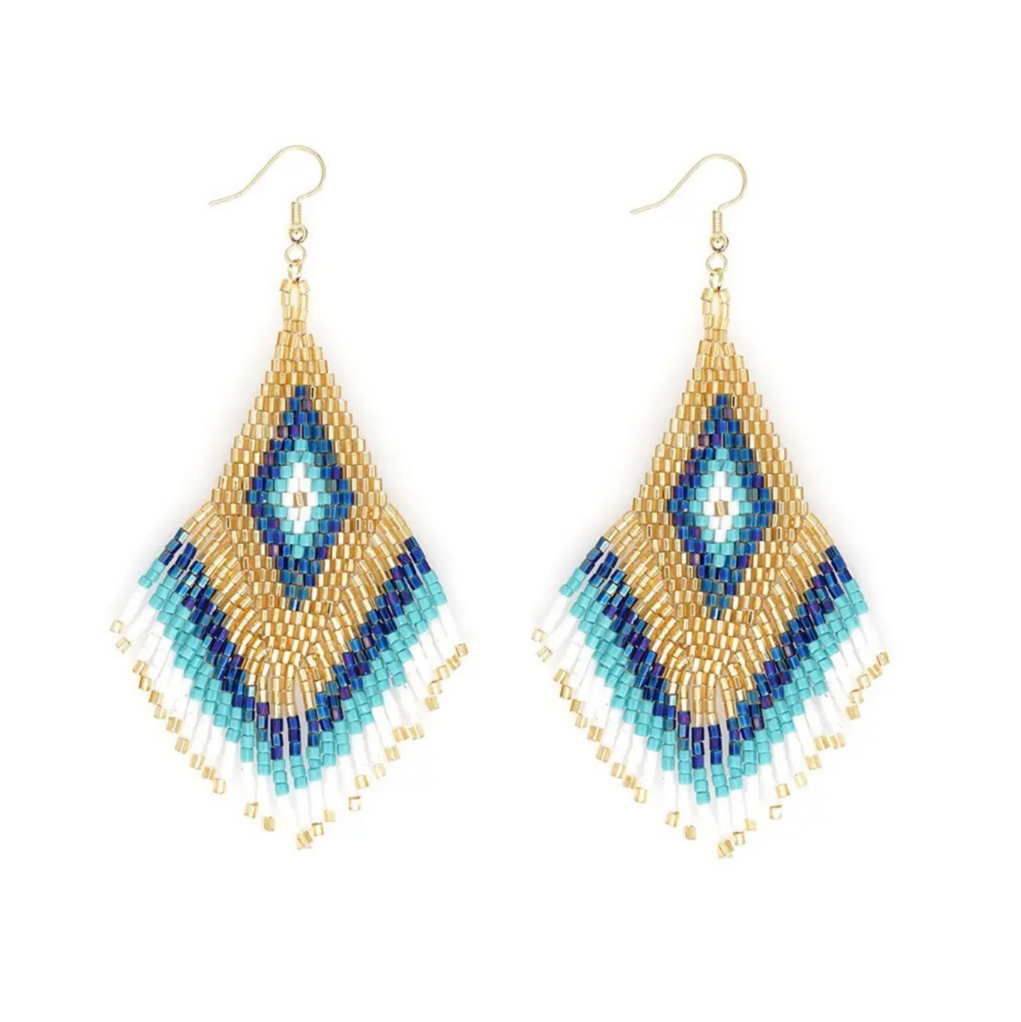 Goldtone And Turquoise Seed Bead Tassel Earrings