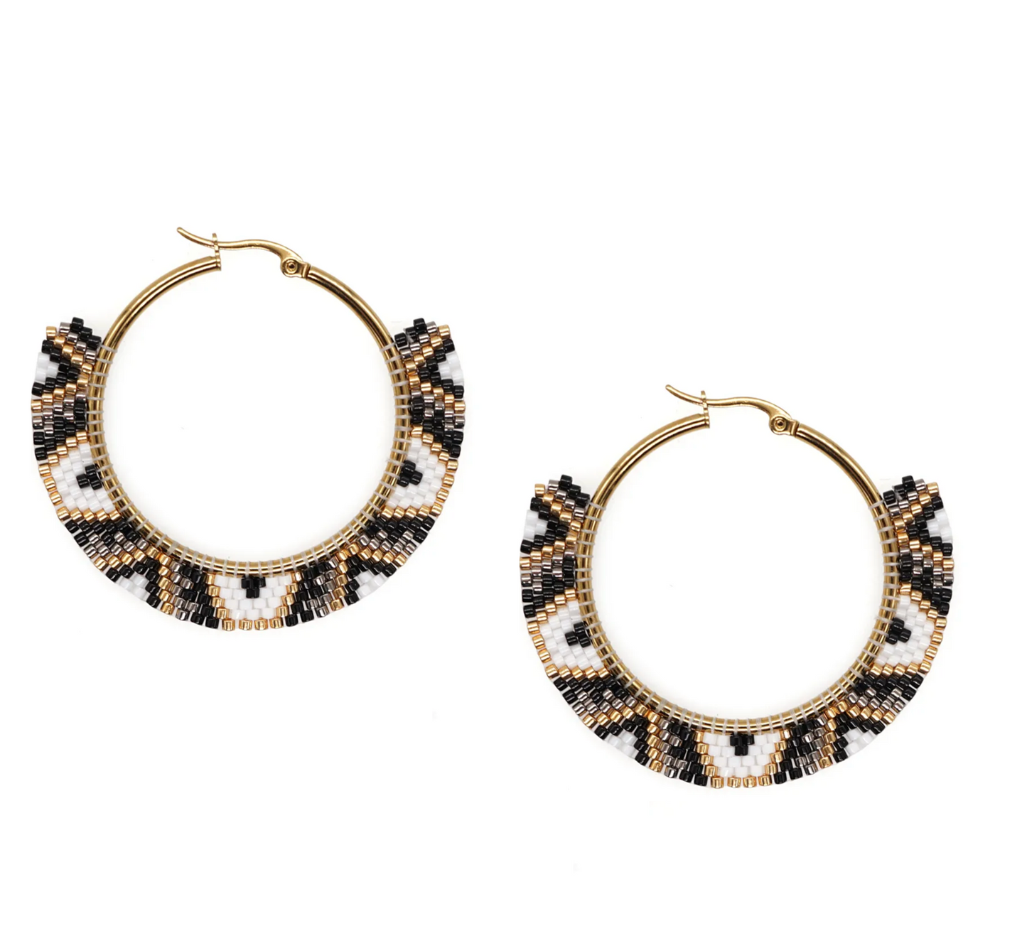 Goldtone Black And White Chevron Seed Bead Hoop Earrings