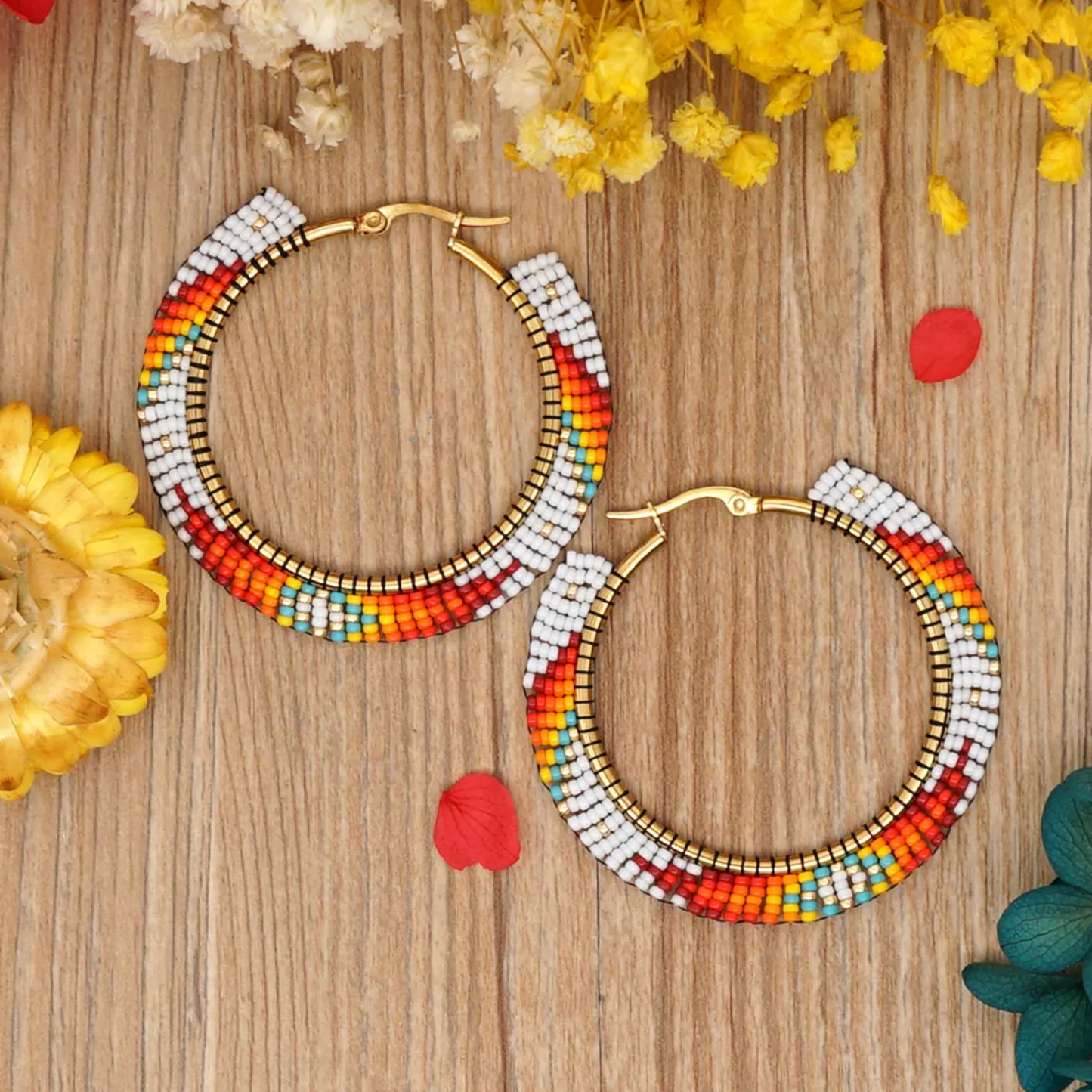 Red & White Miyuki Seed Bead Hoop Earrings