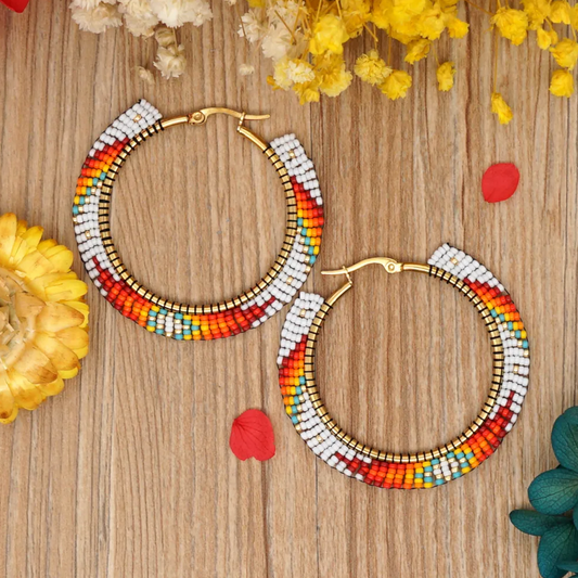 Red & White Miyuki Seed Bead Hoop Earrings