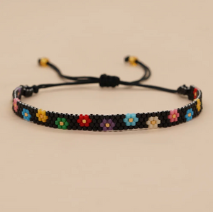 Black Seed Bead And Rainbow Daisy Adjustable Bracelet
