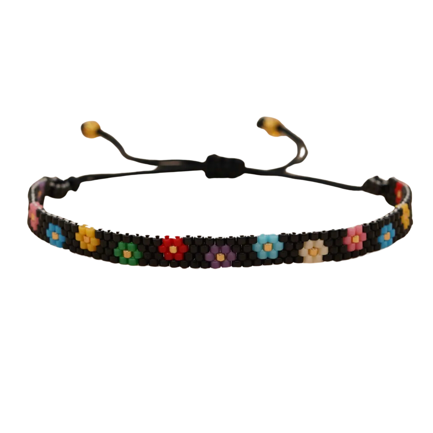 Black Seed Bead And Rainbow Daisy Adjustable Bracelet