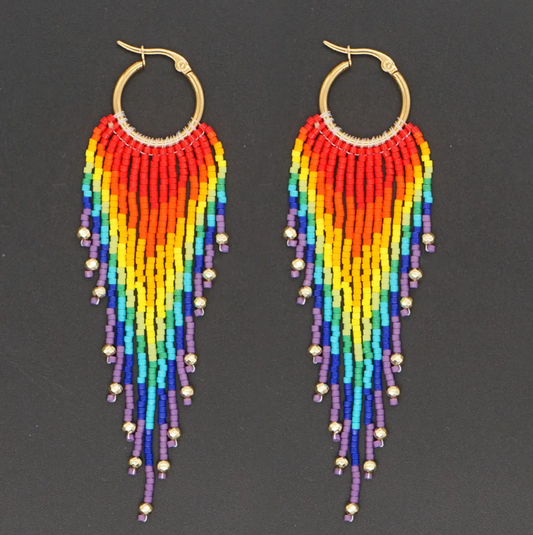 Red & Yellow Rainbow Miyuki Sprinkle Tassel Drop Earrings