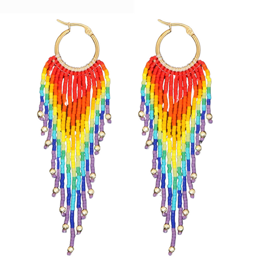 Red & Yellow Rainbow Miyuki Sprinkle Tassel Drop Earrings