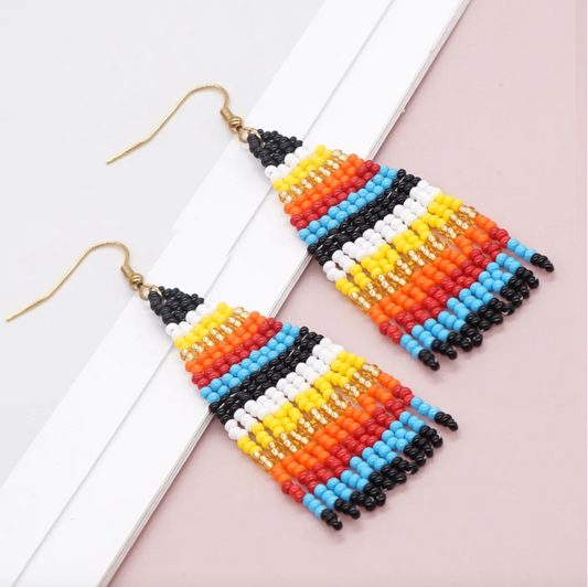 Red, Yellow & Blue Striped Miyuki Seed Bead Tasseled Drop Earrings