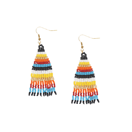 Red, Yellow & Blue Striped Miyuki Seed Bead Tasseled Drop Earrings