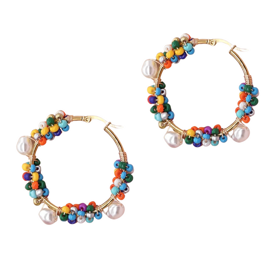 Pearl And Seed Bead Wrapped Hoop In Gold