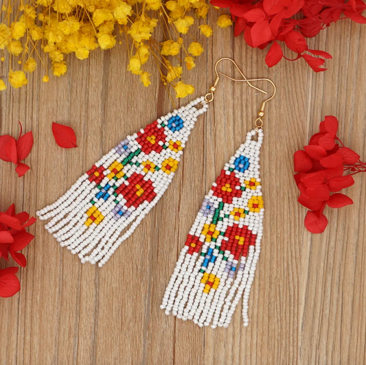 White & Red Field Of Flowers Miyuki Seed Bead Tasseled Drop Earrings