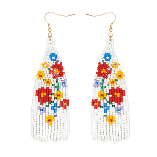 White & Red Field Of Flowers Miyuki Seed Bead Tasseled Drop Earrings