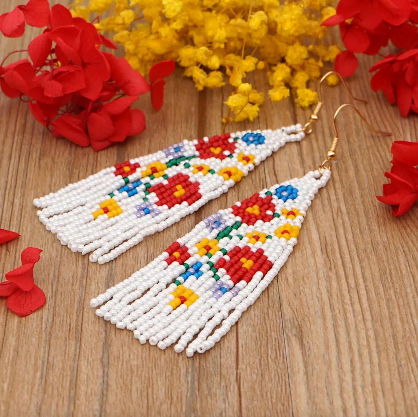 White & Red Field Of Flowers Miyuki Seed Bead Tasseled Drop Earrings