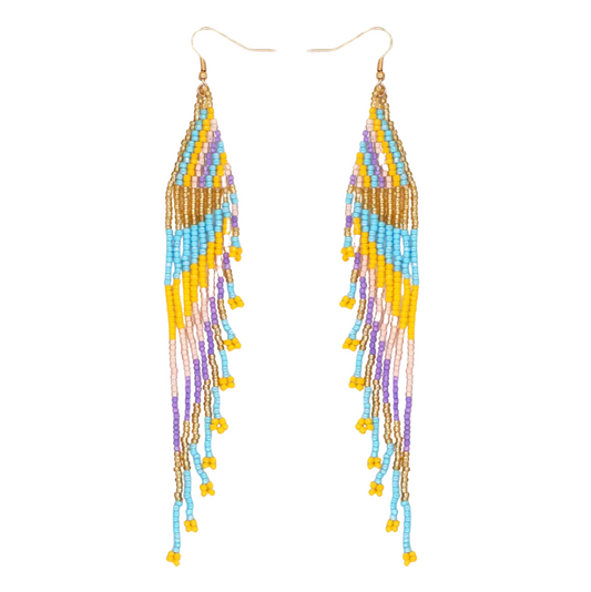 Goldtone Seed Bead Drop Earrings In Mustard And Turquoise