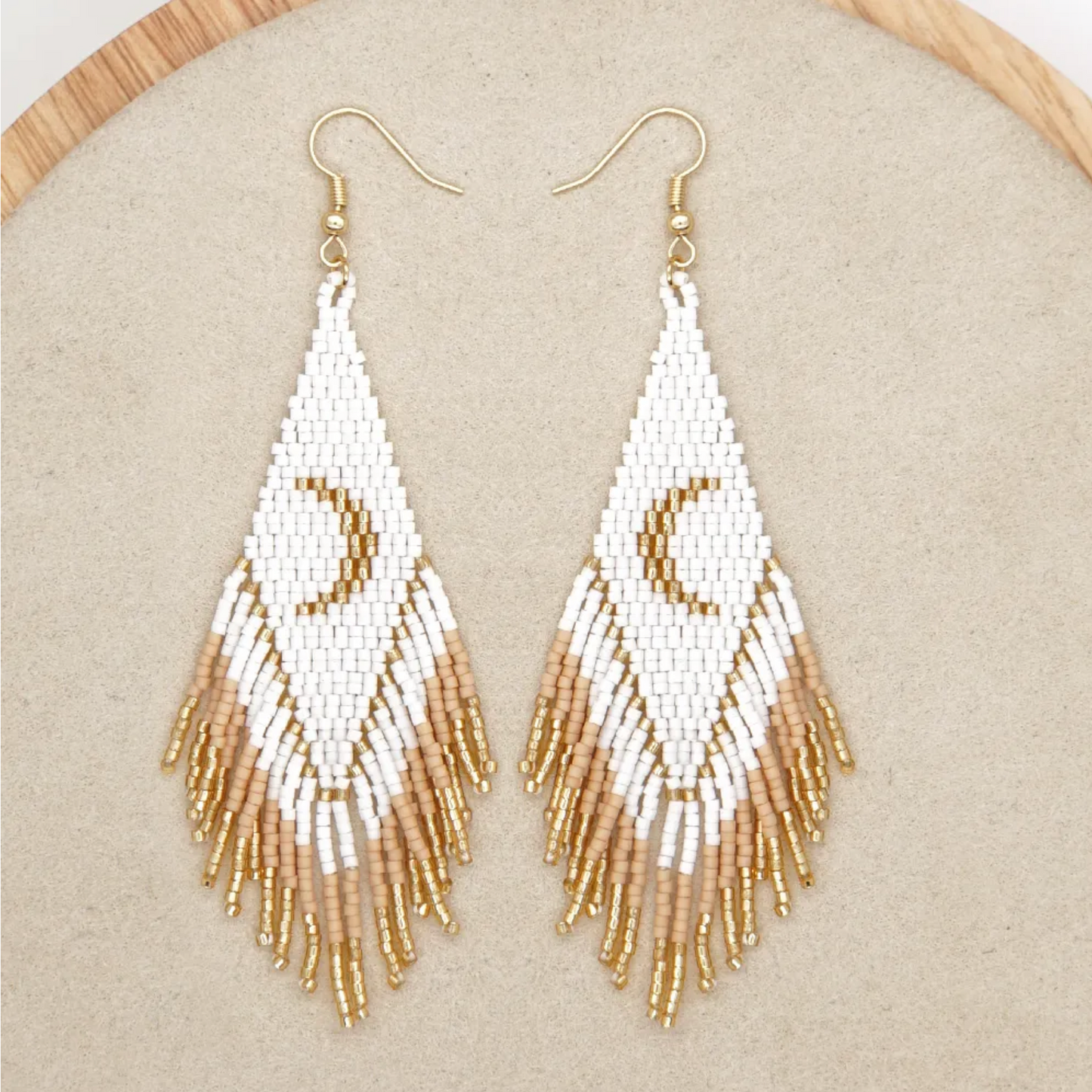 Goldtone & White Tasseled Miyuki Seed Bead Crescent Moon Earrings