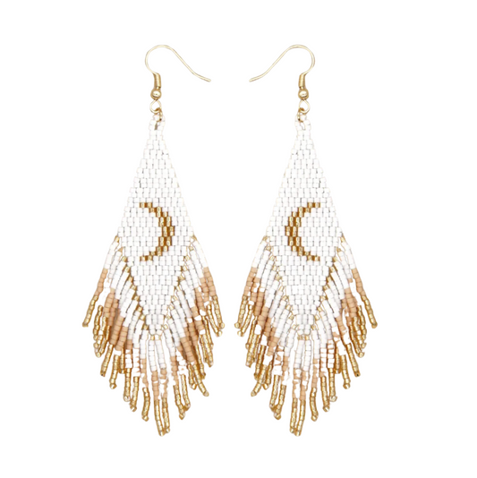 Goldtone & White Tasseled Miyuki Seed Bead Crescent Moon Earrings