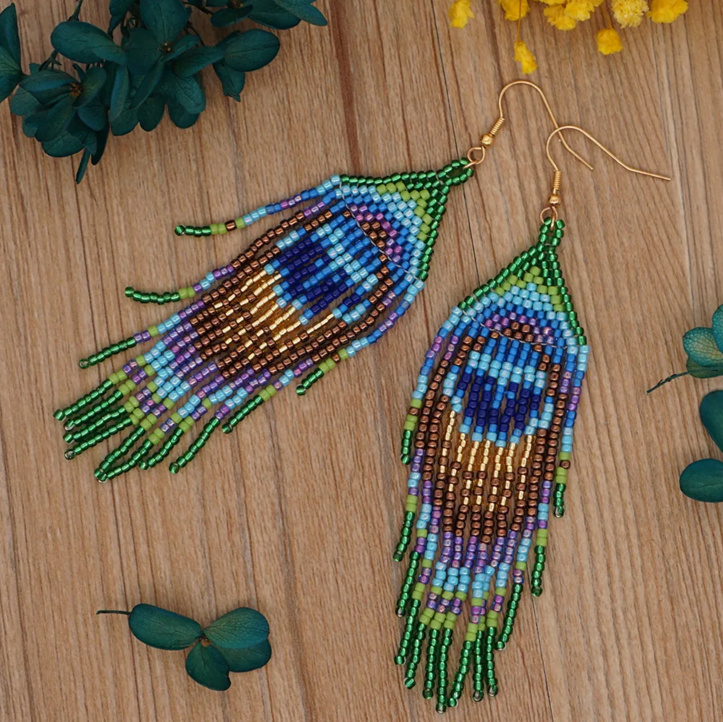 Blue & Green Peacock Miyuki Seed Bead Peacock Tassel Drop Earrings