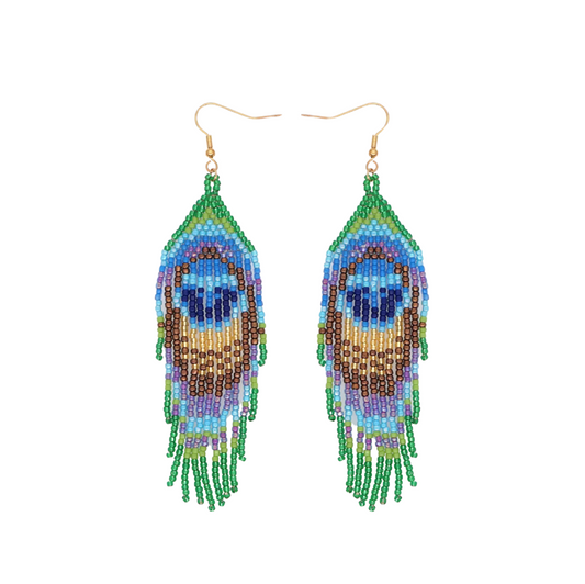Blue & Green Peacock Miyuki Seed Bead Peacock Tassel Drop Earrings