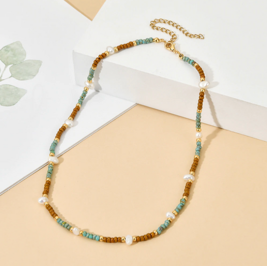 Goldtone Miyuki Seed Bead & Freshwater Necklace In Brown And Turquoise