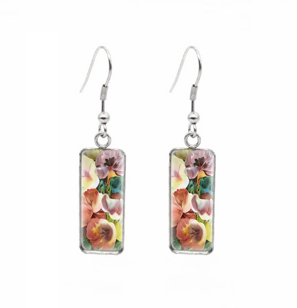 Silvertone Pansies Floral Rectangular Drop Earrings