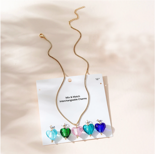 Goldtone & Multi Coloured Mix & Match Heart Charm Pendant Necklace