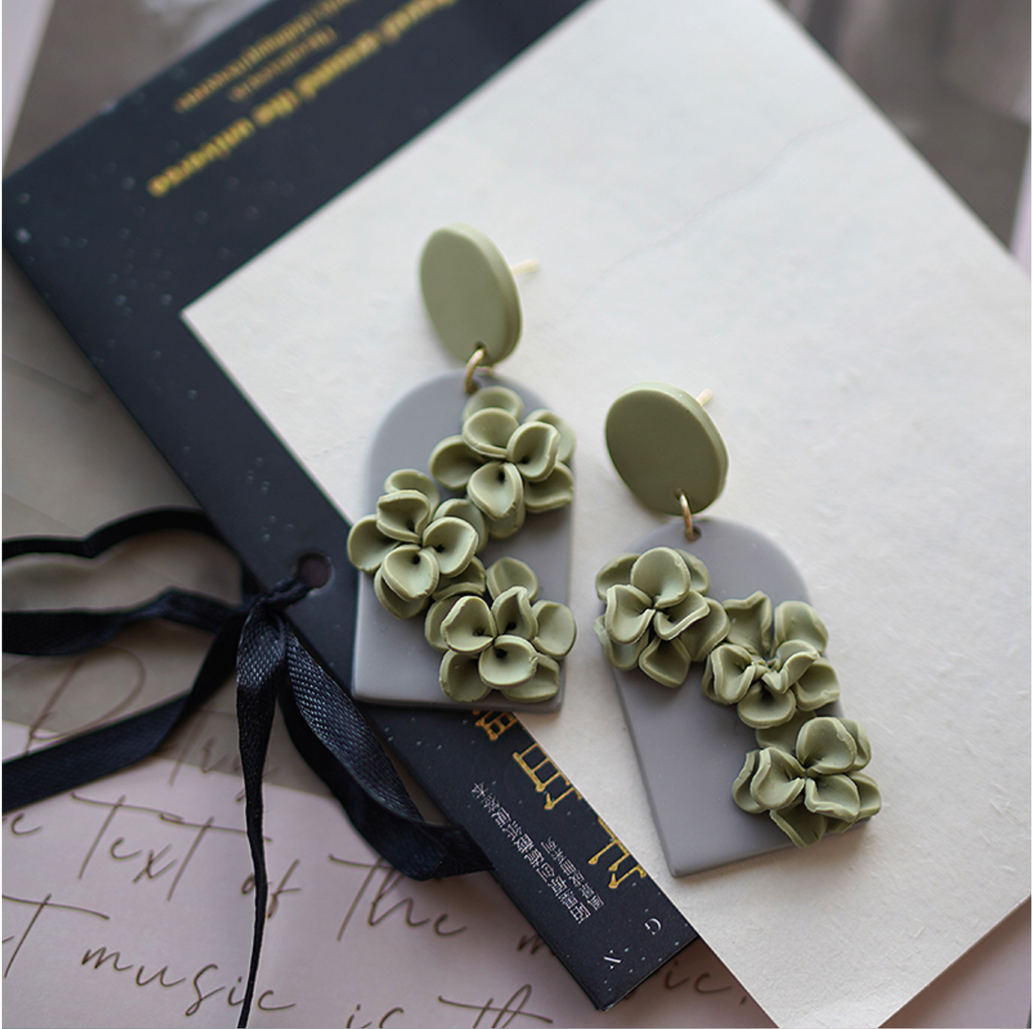 Olive Green & Grey Textured Arched Floral Clay Drop Earrings