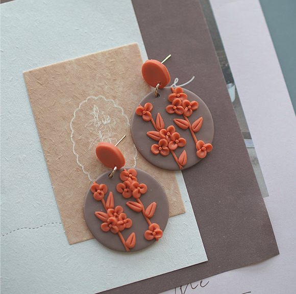 Grey & Orange Floral Clay Circular Earrings