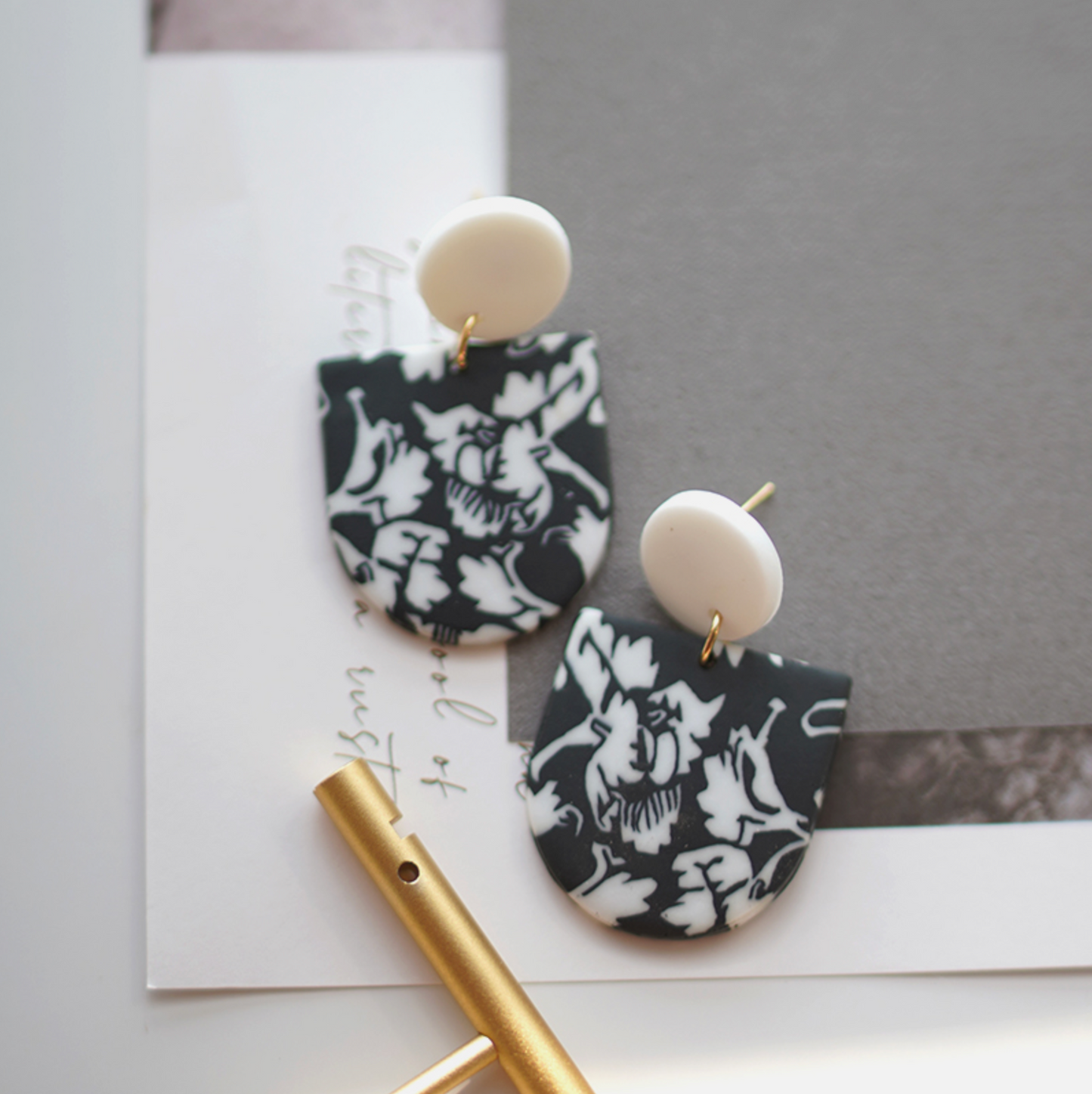 Black & White Floral Arched Drop Earrings