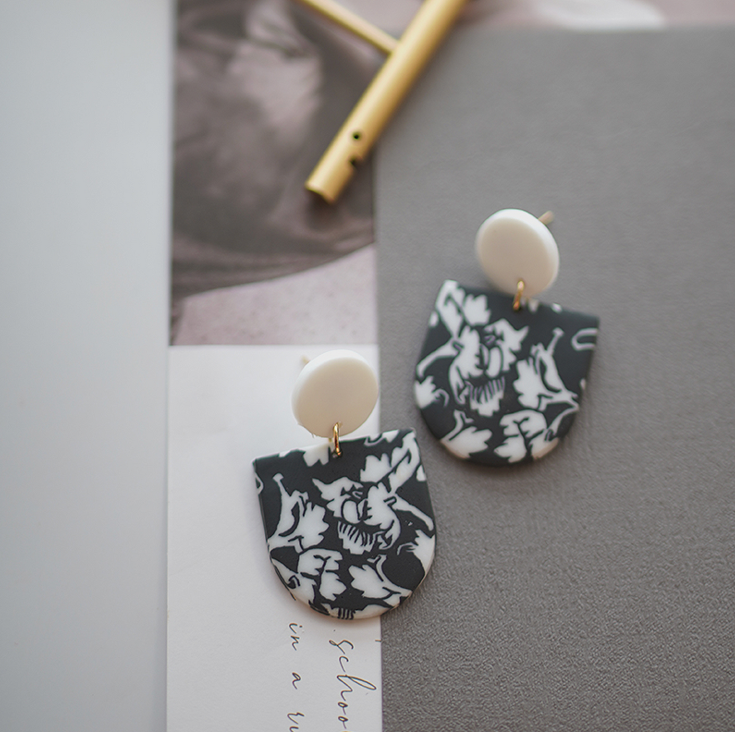 Black & White Floral Arched Drop Earrings