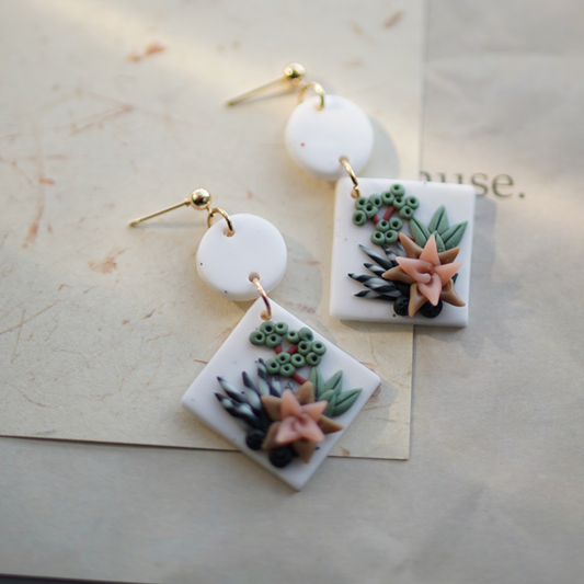 White Geometric Clay Layered Flower Earrings